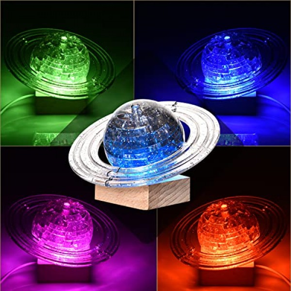 3D 크리스탈 퍼즐, 3D 토성 퍼즐 DIY 조립 브레인 티저(라이트업 목재 베이스 포함), 플라스틱 크리스탈 퍼즐 재미있는 모델 장난감 선물 장식 성인 및 어린이 14세 이상, 