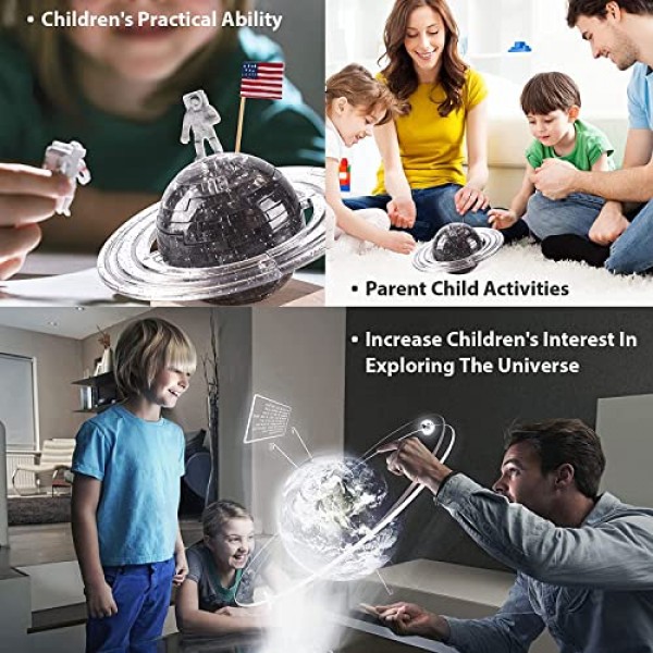 3D 크리스탈 퍼즐, 3D 토성 퍼즐 DIY 조립 브레인 티저(라이트업 목재 베이스 포함), 플라스틱 크리스탈 퍼즐 재미있는 모델 장난감 선물 장식 성인 및 어린이 14세 이상, 