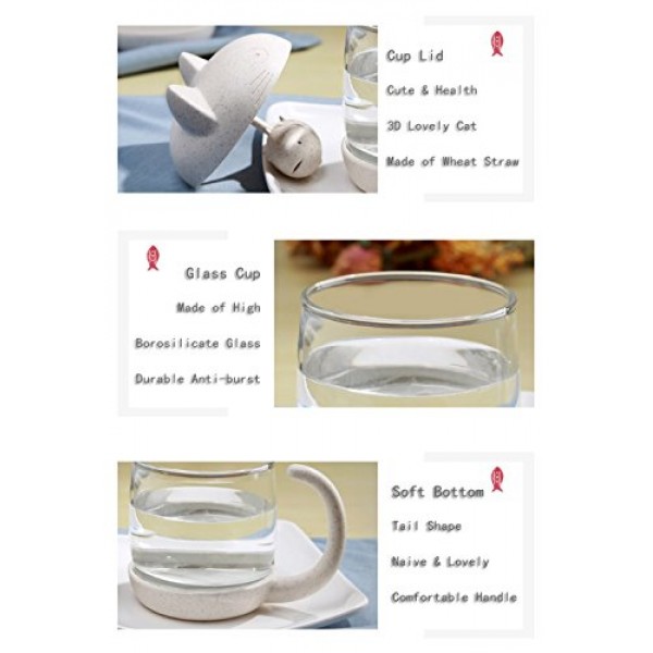 JEWOSTER 생선 차 주입기 여과기 필터가 포함된 귀여운 고양이 유리 컵 차 머그잔