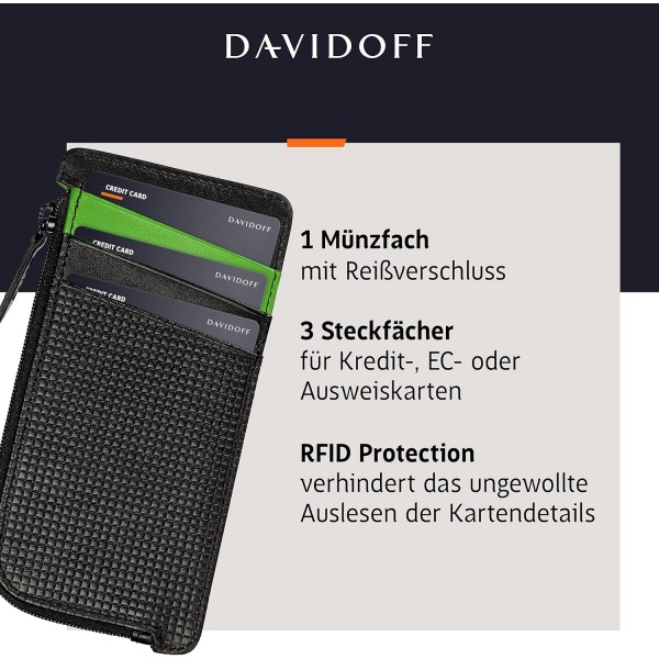 DAVIDOFF 파리 동전 수납 공간이 있는 카드 케이스 블랙/그린 - 고급 가죽으로 엠보싱 처리된 모던한 지갑 - 3개의 슬롯과 지퍼 포켓이 있는 신용 카드 케이스