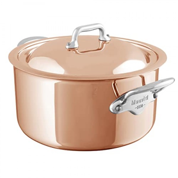 Mauviel M'6S 6겹 광택 구리 및 스테인리스 스틸 스튜팬(뚜껑 및 주조 스테인리스 스틸 손잡이 포함), 6.2쿼트, 프랑스산