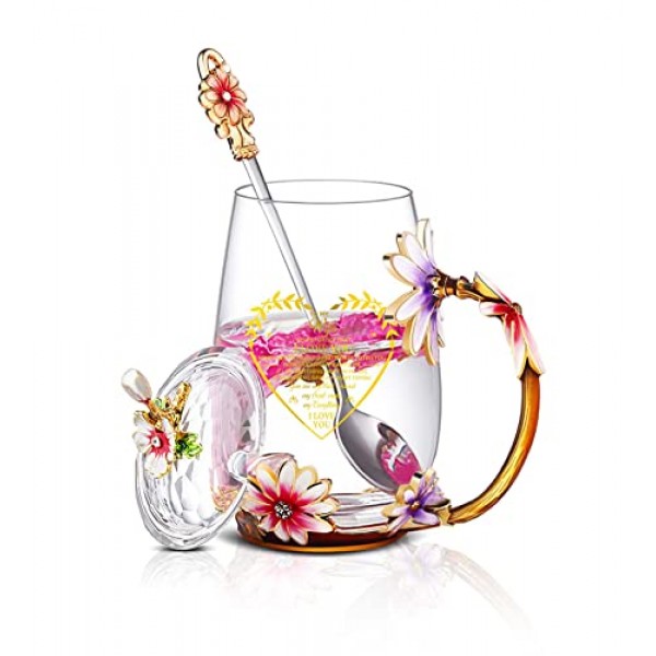 아내를 위한 Luka Tech 선물, 남편의 사랑 아내 선물, 꽃 유리 티 컵 커피 머그잔, 기념일 크리스마스 생일을 위한 우아한 발렌타인 데이 선물