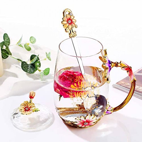 아내를 위한 Luka Tech 선물, 남편의 사랑 아내 선물, 꽃 유리 티 컵 커피 머그잔, 기념일 크리스마스 생일을 위한 우아한 발렌타인 데이 선물