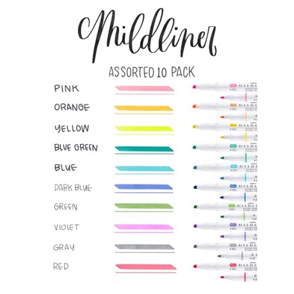 Zebra 펜 마일드라이너 더블 엔드 하이라이터 세트, 넓고 가는 포인트 팁, 다양한 형광 및 쿨 잉크 색상, 10팩
