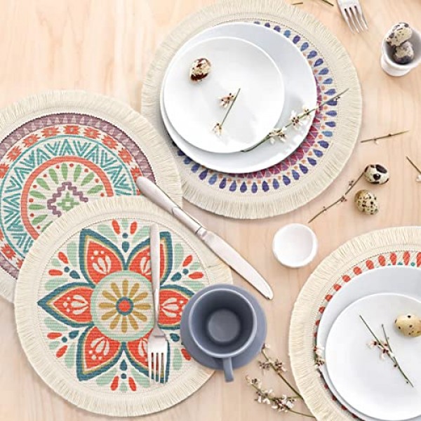 Lomohoo 4 라운드 플레이스 매트 세트 13 인치 테이블 매트 boho 코튼 짠 만다라 술 내열성 빨 수있는 원형 장소 매트 주방 다이닝 웨딩 농가 홈 인테리어