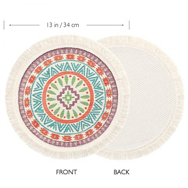 Lomohoo 4 라운드 플레이스 매트 세트 13 인치 테이블 매트 boho 코튼 짠 만다라 술 내열성 빨 수있는 원형 장소 매트 주방 다이닝 웨딩 농가 홈 인테리어
