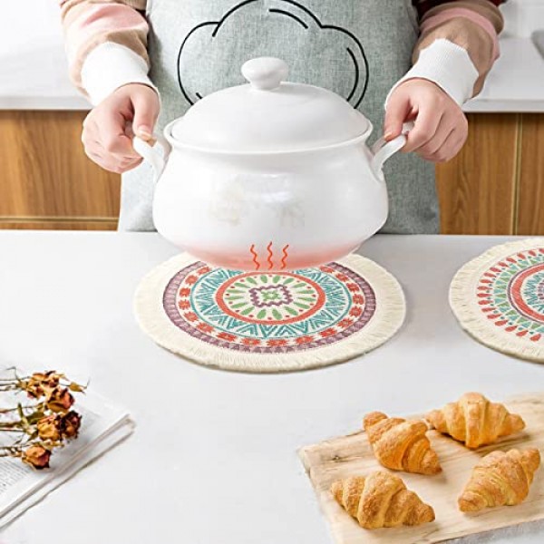 Lomohoo 4 라운드 플레이스 매트 세트 13 인치 테이블 매트 boho 코튼 짠 만다라 술 내열성 빨 수있는 원형 장소 매트 주방 다이닝 웨딩 농가 홈 인테리어