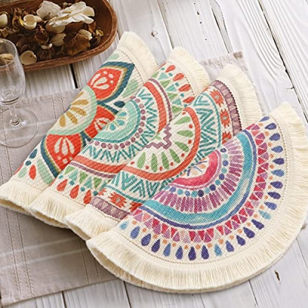 Lomohoo 4 라운드 플레이스 매트 세트 13 인치 테이블 매트 boho 코튼 짠 만다라 술 내열성 빨 수있는 원형 장소 매트 주방 다이닝 웨딩 농가 홈 인테리어