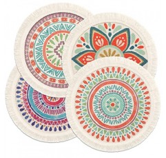 Lomohoo 4 라운드 플레이스 매트 세트 13 인치 테이블 매트 boho 코튼 짠 만다라 술 내열성 빨 수있는 원형 장소 매트 주방 다이닝 웨딩 농가 홈 인테리어