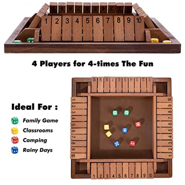 상자 게임을 종료하세요 나무 1-4인용, 12인치 대형 나무 보드 주사위 게임, 8개의 주사위 4가지 색상으로 클래식 수학 게임을 배우세요.