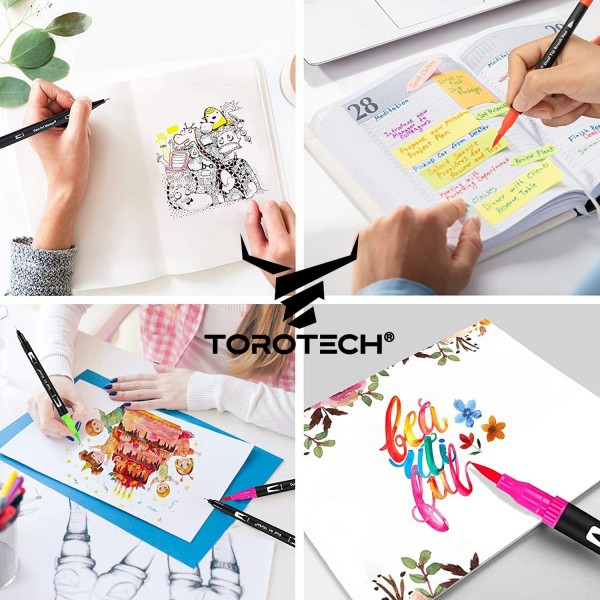 TOROTECH 핸드 레터링 펜 - 36색 - 펠트 펜 학용품 - 펜 세트 - 파인라이너 브러시 펜 - 펜 여아 - 두껍고 얇은 펠트 펜 - 서예 드로잉 펜 - 컬러링 펜 (36)