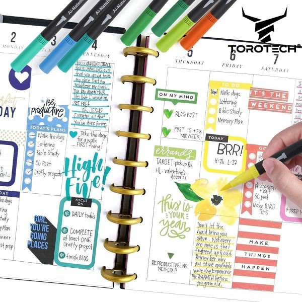 TOROTECH 핸드 레터링 펜 - 36색 - 펠트 펜 학용품 - 펜 세트 - 파인라이너 브러시 펜 - 펜 여아 - 두껍고 얇은 펠트 펜 - 서예 드로잉 펜 - 컬러링 펜 (36)