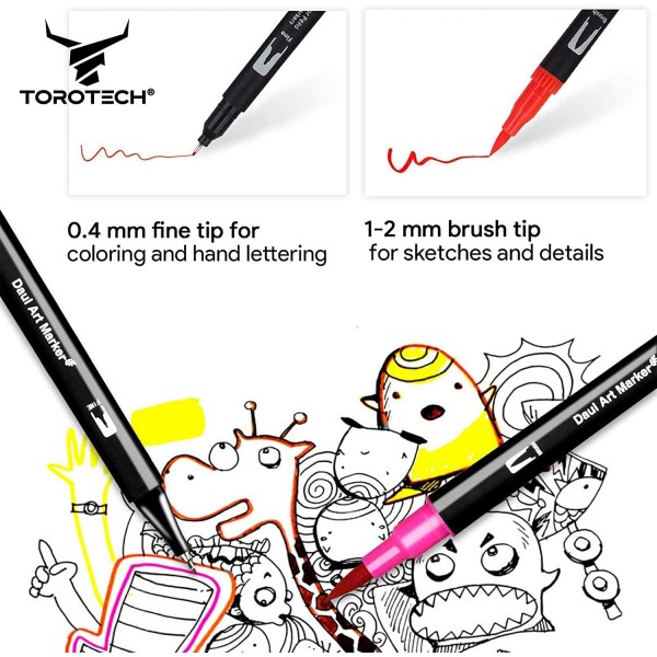 TOROTECH 핸드 레터링 펜 - 36색 - 펠트 펜 학용품 - 펜 세트 - 파인라이너 브러시 펜 - 펜 여아 - 두껍고 얇은 펠트 펜 - 서예 드로잉 펜 - 컬러링 펜 (36)