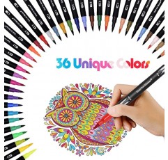 TOROTECH 핸드 레터링 펜 - 36색 - 펠트 펜 학용품 - 펜 세트 - 파인라이너 브러시 펜 - 펜 여아 - 두껍고 얇은 펠트 펜 - 서예 드로잉 펜 - 컬러링 펜 (36)