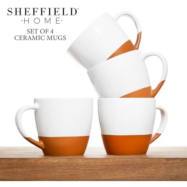 SHEFFIELD HOME - 4개 세트, 손잡이가 있는 대형 도자기 16온스 커피 머그 - 식기세척기 및 전자레인지 사용 가능 세라믹 - 카푸치노, 에스프레소, 라떼 또는 차에 적합 - 바