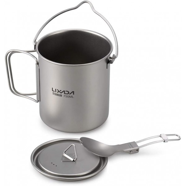 Lixa-da 티타늄 컵 캠핑 냄비 뚜껑과 접이식 스포크, 750ml/900m/1100ml, 경량 피크닉 조리기구, 야외 캠핑 하이킹 배낭 피크닉, 128g A-750ML