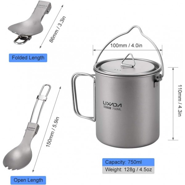 Lixa-da 티타늄 컵 캠핑 냄비 뚜껑과 접이식 스포크, 750ml/900m/1100ml, 경량 피크닉 조리기구, 야외 캠핑 하이킹 배낭 피크닉, 128g A-750ML