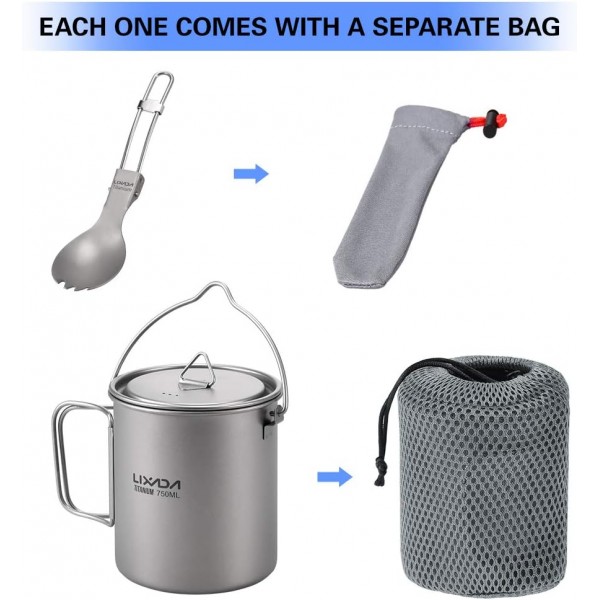 Lixa-da 티타늄 컵 캠핑 냄비 뚜껑과 접이식 스포크, 750ml/900m/1100ml, 경량 피크닉 조리기구, 야외 캠핑 하이킹 배낭 피크닉, 128g A-750ML