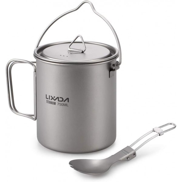 Lixa-da 티타늄 컵 캠핑 냄비 뚜껑과 접이식 스포크, 750ml/900m/1100ml, 경량 피크닉 조리기구, 야외 캠핑 하이킹 배낭 피크닉, 128g A-750ML