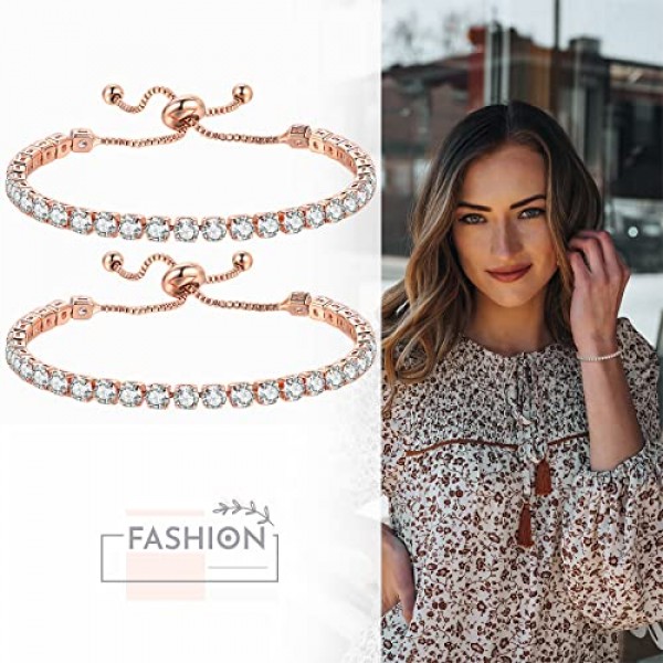 JewelryWe 지르코니아 스톤이 달린 여성용 팔찌 테니스 팔찌 팔찌 팔찌 어머니 여자 친구를위한 선물 조정 가능한 로즈 골드 팩 2, 스톤