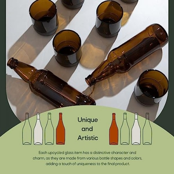업사이클된 올리브 음료수 잔 | 250ML | 8.45온스 | 6개 세트 | 지속 가능한 물안경 | 가정용 환경 친화적인 암갈색 안경