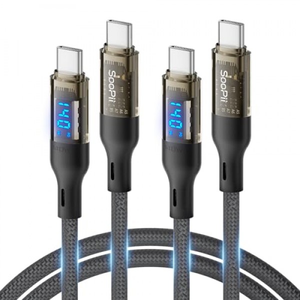 SOOPII 140W USB C - USB C 케이블[4피트 2팩], MacBook Pro, lPhone15/15Pro/15ProMax, Samsung Galaxy S23+/S23Ultra/S22Ultra 등용 LED 디스플레이가 있는 고속 충전 USB C 케이블, 투명 쉘,(검은색)