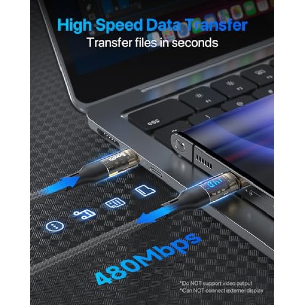 SOOPII 140W USB C - USB C 케이블[4피트 2팩], MacBook Pro, lPhone15/15Pro/15ProMax, Samsung Galaxy S23+/S23Ultra/S22Ultra 등용 LED 디스플레이가 있는 고속 충전 USB C 케이블, 투명 쉘,(검은색)