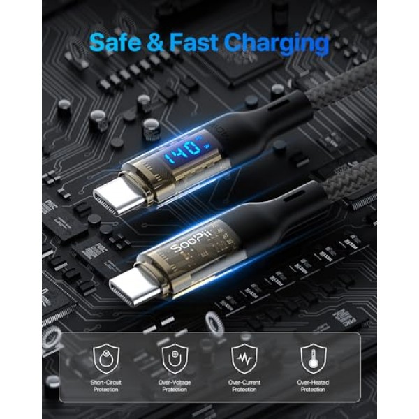 SOOPII 140W USB C - USB C 케이블[4피트 2팩], MacBook Pro, lPhone15/15Pro/15ProMax, Samsung Galaxy S23+/S23Ultra/S22Ultra 등용 LED 디스플레이가 있는 고속 충전 USB C 케이블, 투명 쉘,(검은색)