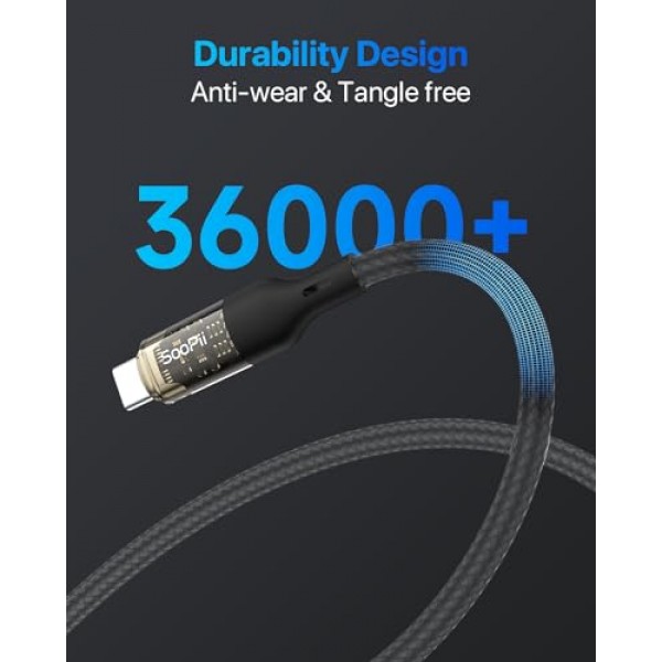 SOOPII 140W USB C - USB C 케이블[4피트 2팩], MacBook Pro, lPhone15/15Pro/15ProMax, Samsung Galaxy S23+/S23Ultra/S22Ultra 등용 LED 디스플레이가 있는 고속 충전 USB C 케이블, 투명 쉘,(검은색)
