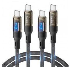 SOOPII 140W USB C - USB C 케이블[4피트 2팩], MacBook Pro, lPhone15/15Pro/15ProMax, Samsung Galaxy S23+/S23Ultra/S22Ultra 등용 LED 디스플레이가 있는 고속 충전 USB C 케이블, 투명 쉘,(검은색)
