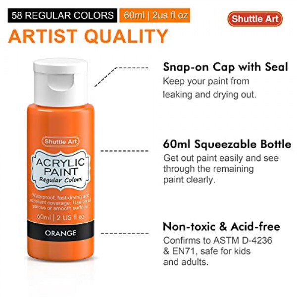 72팩 아크릴 페인트 세트, 셔틀 아트 엑스트라 화이트 블랙 & 12개 브러쉬를 포함한 60가지 색상 아크릴 페인트, 2온스/60ml, 풍부한 색소, 방수, 예술가에게 이상적, 캔버
