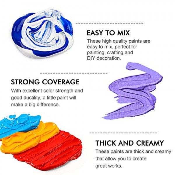 72팩 아크릴 페인트 세트, 셔틀 아트 엑스트라 화이트 블랙 & 12개 브러쉬를 포함한 60가지 색상 아크릴 페인트, 2온스/60ml, 풍부한 색소, 방수, 예술가에게 이상적, 캔버