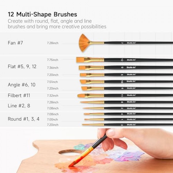 72팩 아크릴 페인트 세트, 셔틀 아트 엑스트라 화이트 블랙 & 12개 브러쉬를 포함한 60가지 색상 아크릴 페인트, 2온스/60ml, 풍부한 색소, 방수, 예술가에게 이상적, 캔버