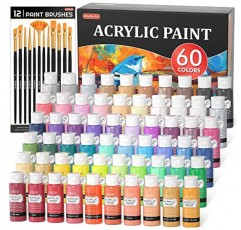72팩 아크릴 페인트 세트, 셔틀 아트 엑스트라 화이트 블랙 & 12개 브러쉬를 포함한 60가지 색상 아크릴 페인트, 2온스/60ml, 풍부한 색소, 방수, 예술가에게 이상적, 캔버