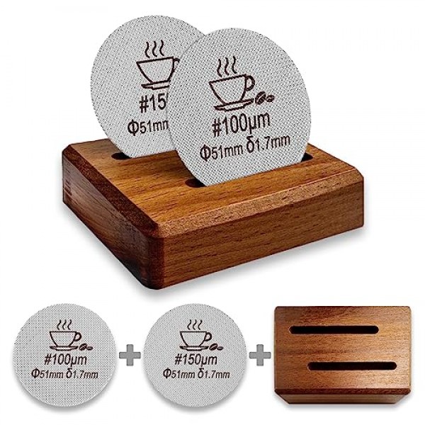 51mm 에스프레소 퍽 스크린(스탠드 포함), 재사용 가능한 커피 필터 2개 51mm 포터필터 필터 바스켓과 호환 가능, 100μm 및 150μm의 2가지 여과 정확도를 갖춘 316L 스테인리