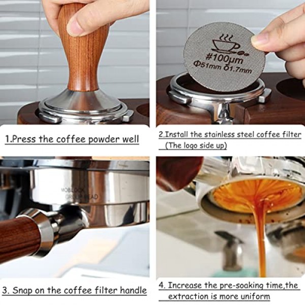 51mm 에스프레소 퍽 스크린(스탠드 포함), 재사용 가능한 커피 필터 2개 51mm 포터필터 필터 바스켓과 호환 가능, 100μm 및 150μm의 2가지 여과 정확도를 갖춘 316L 스테인리