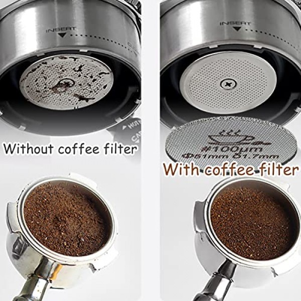 51mm 에스프레소 퍽 스크린(스탠드 포함), 재사용 가능한 커피 필터 2개 51mm 포터필터 필터 바스켓과 호환 가능, 100μm 및 150μm의 2가지 여과 정확도를 갖춘 316L 스테인리