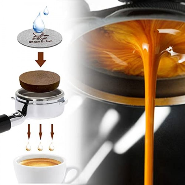 51mm 에스프레소 퍽 스크린(스탠드 포함), 재사용 가능한 커피 필터 2개 51mm 포터필터 필터 바스켓과 호환 가능, 100μm 및 150μm의 2가지 여과 정확도를 갖춘 316L 스테인리