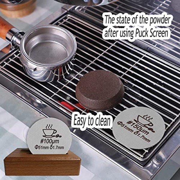 51mm 에스프레소 퍽 스크린(스탠드 포함), 재사용 가능한 커피 필터 2개 51mm 포터필터 필터 바스켓과 호환 가능, 100μm 및 150μm의 2가지 여과 정확도를 갖춘 316L 스테인리