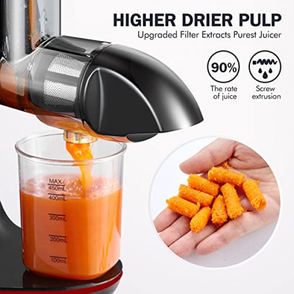 주서기, AMZCHEF 저속 저작 주서기, 두 가지 속도 모드를 갖춘 콜드 프레스 주서기, 여행용 병(500ML), LED 디스플레이, 저소음 모터, 브러시로 청소가 용이함(빨간색)