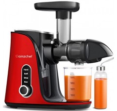 주서기, AMZCHEF 저속 저작 주서기, 두 가지 속도 모드를 갖춘 콜드 프레스 주서기, 여행용 병(500ML), LED 디스플레이, 저소음 모터, 브러시로 청소가 용이함(빨간색)