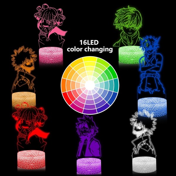 My Hero Academia 3D 야간 조명 어린이, 5 in 1 패턴 세트 및 원격 제어로 16 색상 변경 Himiko Toga 침대 옆 램프, 일본 애니메이션 생일 크리스마스 어린이를위한 애니메이션 선