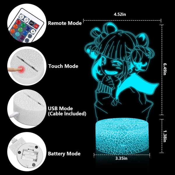 My Hero Academia 3D 야간 조명 어린이, 5 in 1 패턴 세트 및 원격 제어로 16 색상 변경 Himiko Toga 침대 옆 램프, 일본 애니메이션 생일 크리스마스 어린이를위한 애니메이션 선