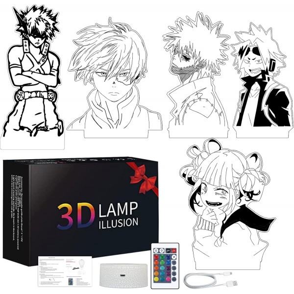 My Hero Academia 3D 야간 조명 어린이, 5 in 1 패턴 세트 및 원격 제어로 16 색상 변경 Himiko Toga 침대 옆 램프, 일본 애니메이션 생일 크리스마스 어린이를위한 애니메이션 선