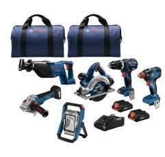 BOSCH GXL18V-601B25 18V 6공구 콤보 키트, 2-In-1 비트/소켓 임팩트 드라이버, 해머 드릴/드라이버, 왕복톱, 원형톱, 앵글 그라인더, 투광 조명 및 (2) CORE18V 4 Ah 소형 배터리 포