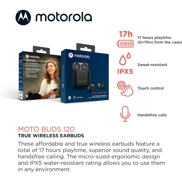 Motorola Sound Moto Buds 120 - 블루투스 인이어 미니 헤드폰 - 휴대용 충전 박스 및 통합 마이크 - 17시간 - IPX6 방수 - 터치 컨트롤 - Siri 및 Google과 호환 가능 - 블랙 블랙 MOTOBUD