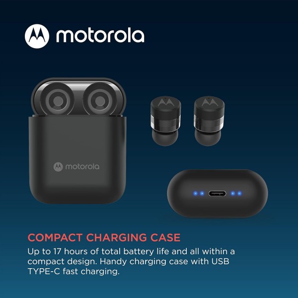 Motorola Sound Moto Buds 120 - 블루투스 인이어 미니 헤드폰 - 휴대용 충전 박스 및 통합 마이크 - 17시간 - IPX6 방수 - 터치 컨트롤 - Siri 및 Google과 호환 가능 - 블랙 블랙 MOTOBUD