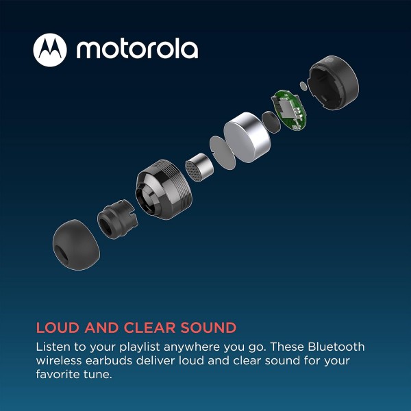 Motorola Sound Moto Buds 120 - 블루투스 인이어 미니 헤드폰 - 휴대용 충전 박스 및 통합 마이크 - 17시간 - IPX6 방수 - 터치 컨트롤 - Siri 및 Google과 호환 가능 - 블랙 블랙 MOTOBUD