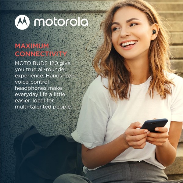 Motorola Sound Moto Buds 120 - 블루투스 인이어 미니 헤드폰 - 휴대용 충전 박스 및 통합 마이크 - 17시간 - IPX6 방수 - 터치 컨트롤 - Siri 및 Google과 호환 가능 - 블랙 블랙 MOTOBUD