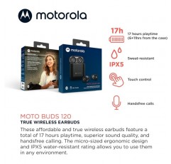 Motorola Sound Moto Buds 120 - 블루투스 인이어 미니 헤드폰 - 휴대용 충전 박스 및 통합 마이크 - 17시간 - IPX6 방수 - 터치 컨트롤 - Siri 및 Google과 호환 가능 - 블랙 블랙 MOTOBUD